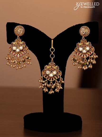 Antique combo set peacock design with jadau kundan stones and pearl & green beads hanging