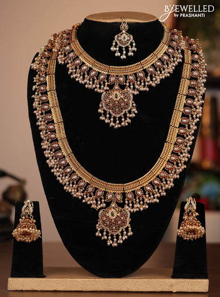 Antique guttapusalu combo set manga pattern with jadau kundan stones and pearl hangings
