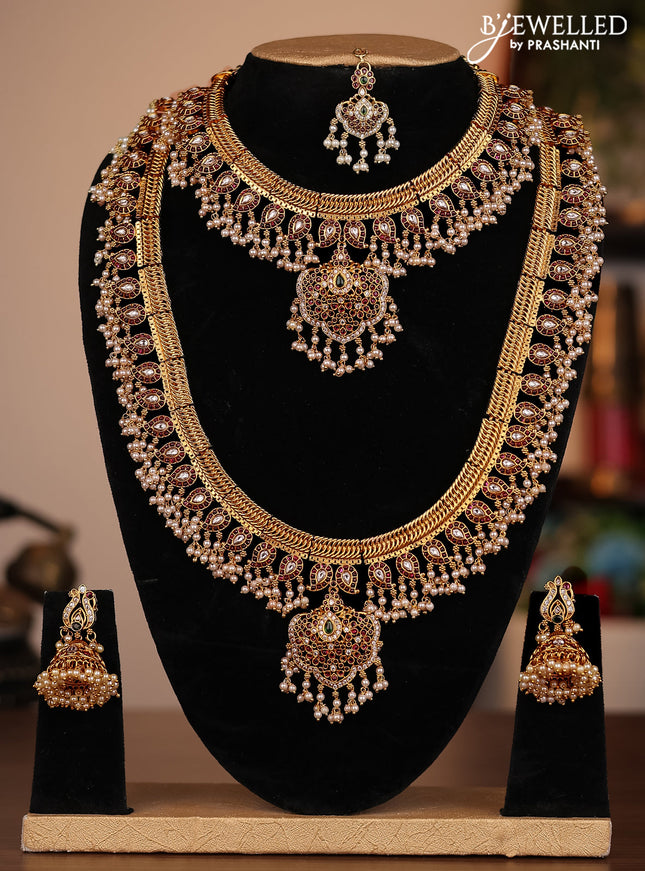 Antique guttapusalu combo set manga pattern with jadau kundan stones and pearl hangings