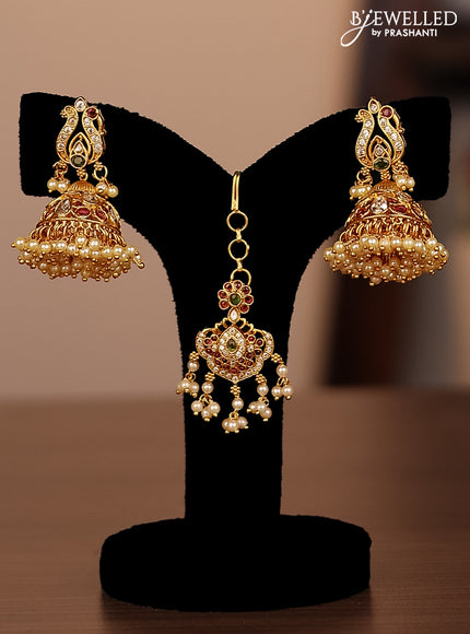 Antique guttapusalu combo set manga pattern with jadau kundan stones and pearl hangings