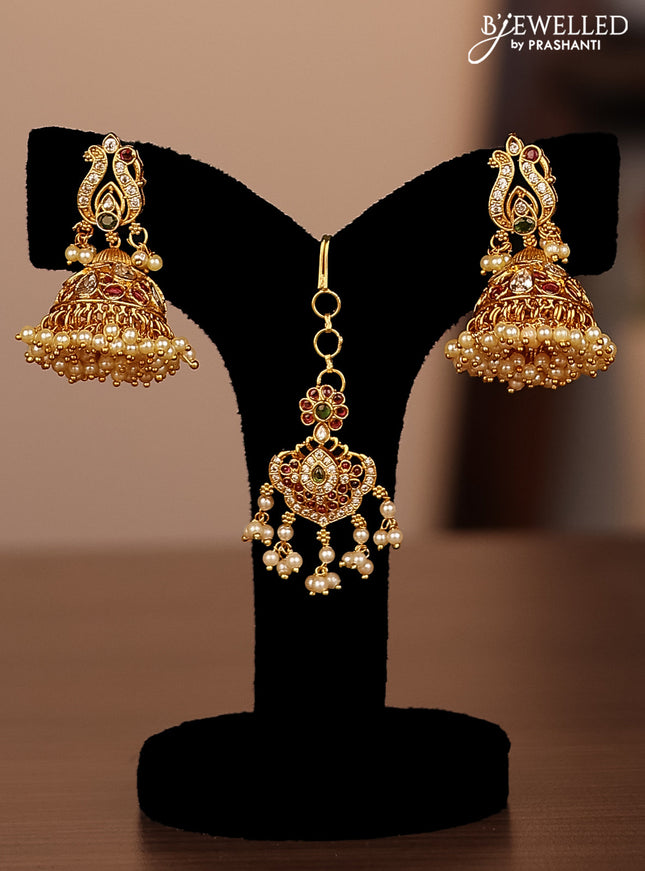 Antique guttapusalu combo set manga pattern with jadau kundan stones and pearl hangings