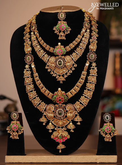 Antique combo set double layer peacock design with jadau cz stones and pearl & golden beads hanging