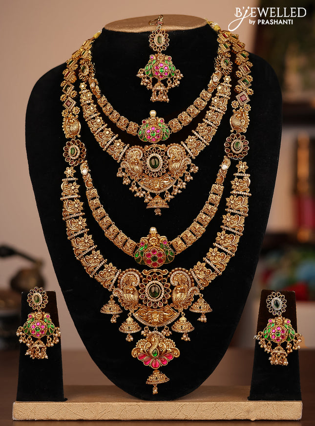Antique combo set double layer peacock design with jadau cz stones and pearl & golden beads hanging