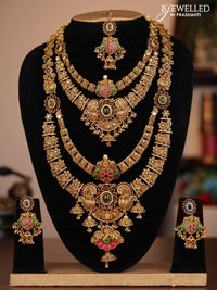 Antique combo set double layer peacock design with jadau cz stones and pearl & golden beads hanging