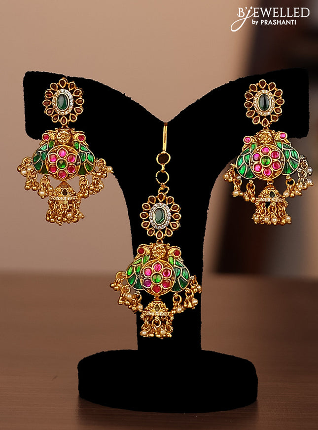 Antique combo set double layer peacock design with jadau cz stones and pearl & golden beads hanging