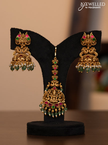 Antique combo set lakshmi pendant with jadau stones and pearl & green beads hanging