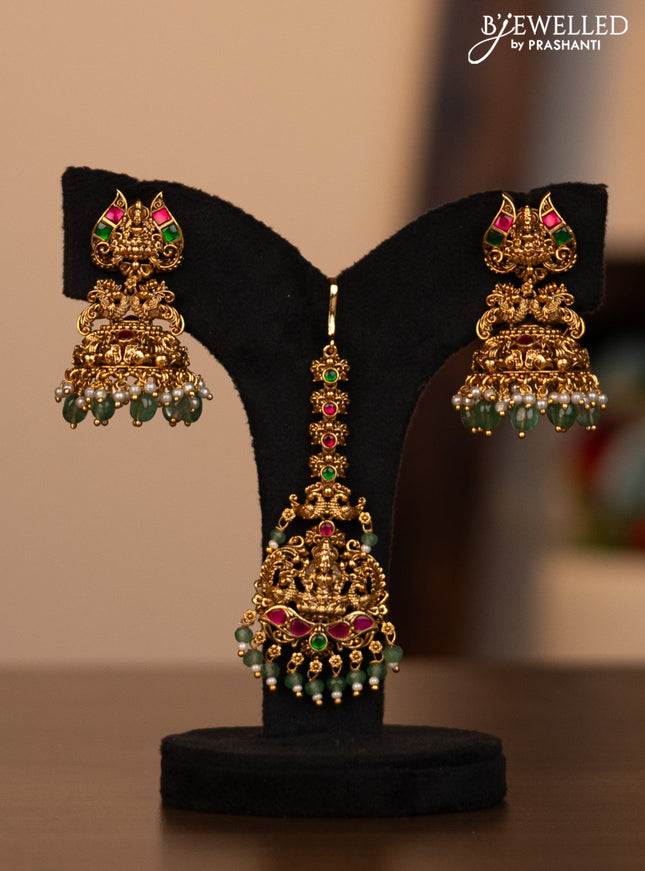 Antique combo set lakshmi pendant with jadau stones and pearl & green beads hanging