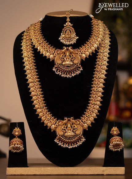Antique combo set lakshmi kasu design with kemp stones and golden beads hanging