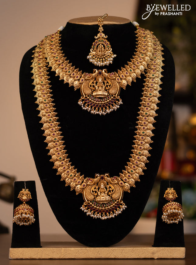 Antique combo set lakshmi kasu design with kemp stones and golden beads hanging