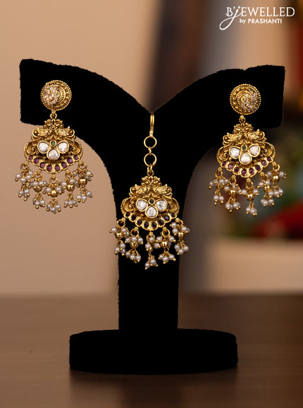 Antique combo set peacock design with jadau kundan stones and pearl & golden beads hanging