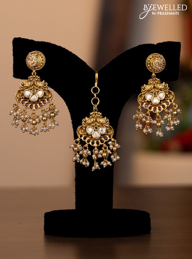Antique combo set peacock design with jadau kundan stones and pearl & golden beads hanging