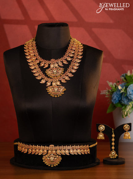 Antique bridal set manga pattern with kemp & cz stones and golden beads hanging