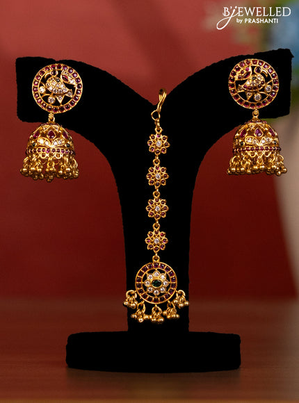 Antique bridal set manga pattern with kemp & cz stones and golden beads hanging