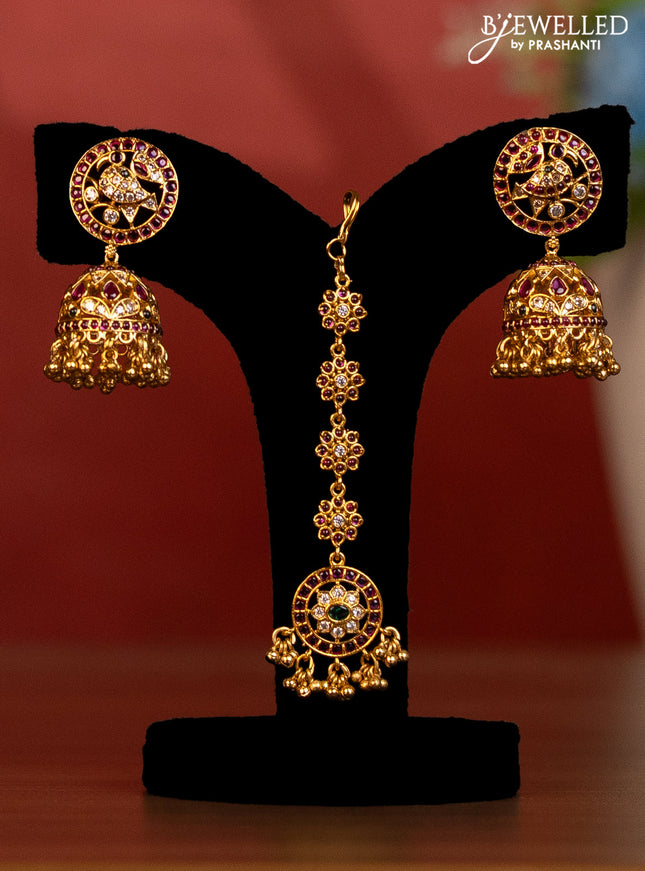 Antique bridal set manga pattern with kemp & cz stones and golden beads hanging