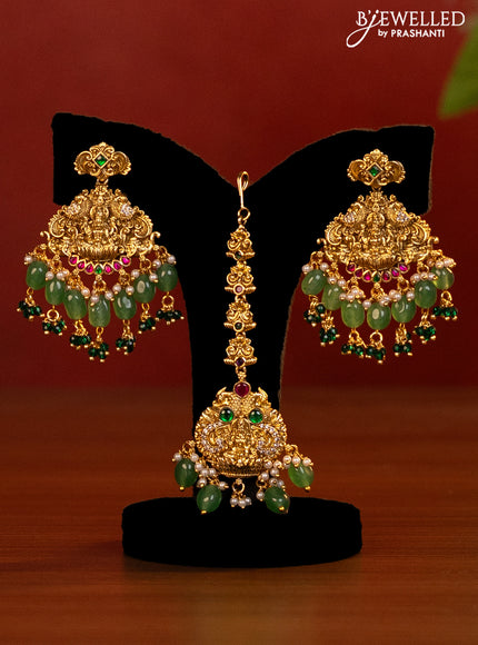 Antique bridal set lakshmi design with jadau cz stones and pearl & green beads hanging