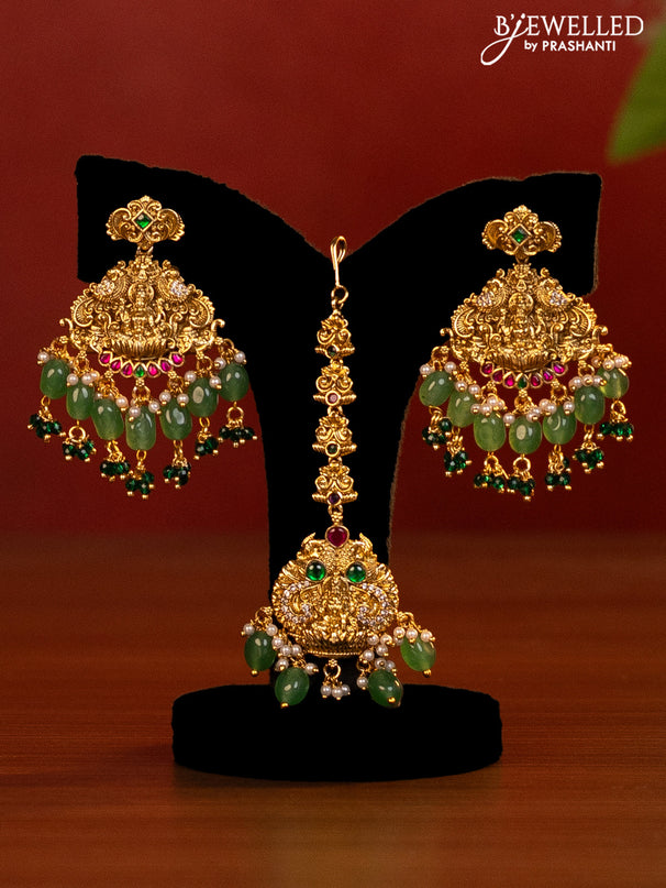 Antique bridal set lakshmi design with jadau cz stones and pearl & green beads hanging
