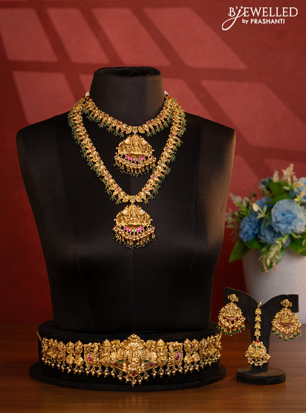 Antique bridal set lakshmi design with jadau cz stones and green beads hanging