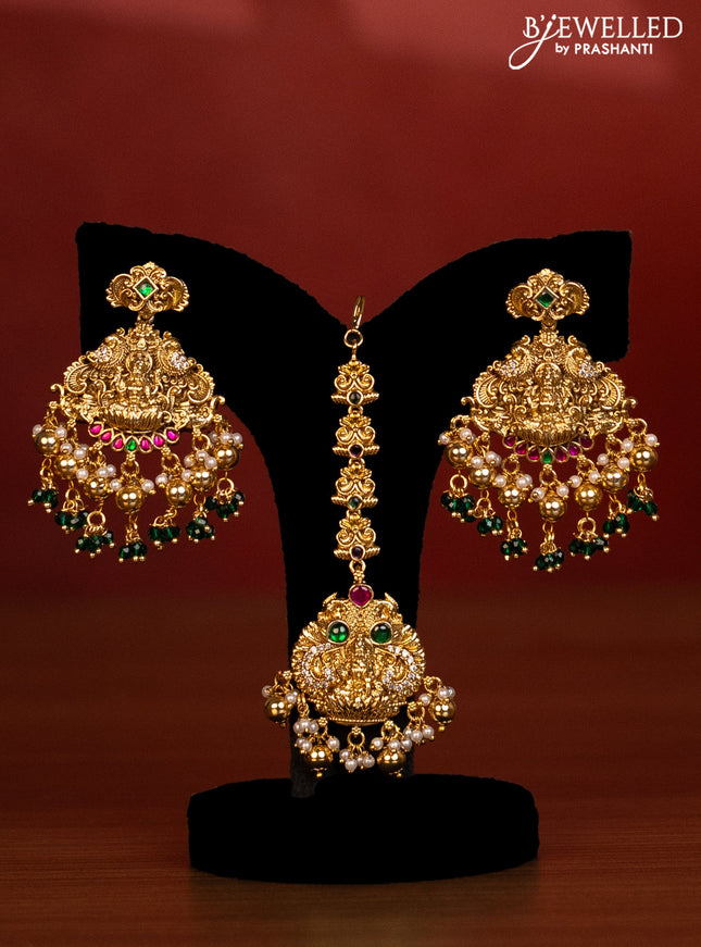 Antique bridal set lakshmi design with jadau cz stones and green beads hanging