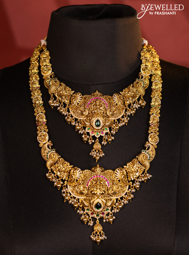 Antique bridal set lakshmi design with jadau cz stones and pearl & golden beads hanging