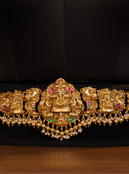 Antique bridal set lakshmi design with jadau cz stones and pearl & golden beads hanging