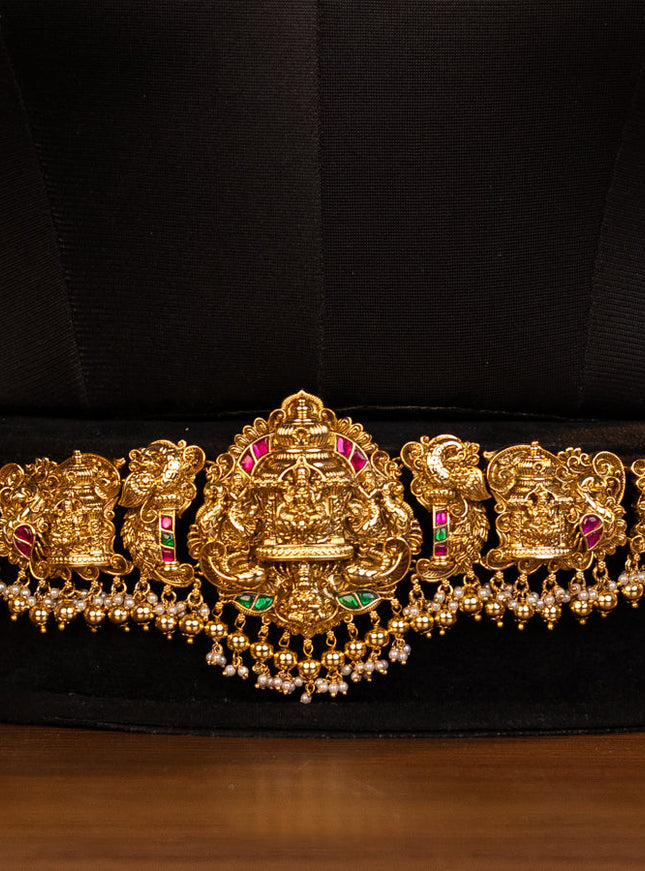 Antique bridal set lakshmi design with jadau cz stones and pearl & golden beads hanging