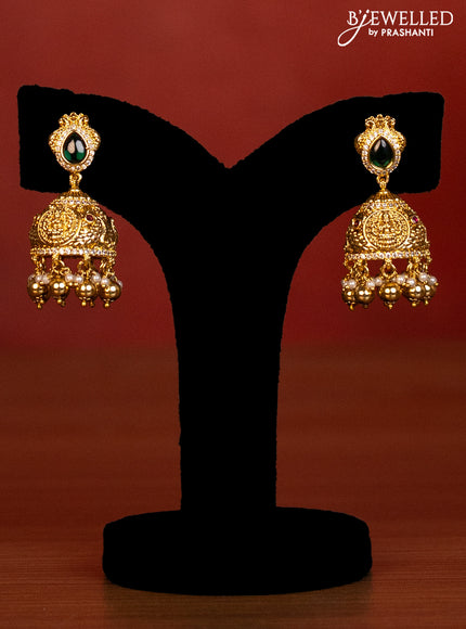 Antique bridal set lakshmi design with jadau cz stones and pearl & golden beads hanging