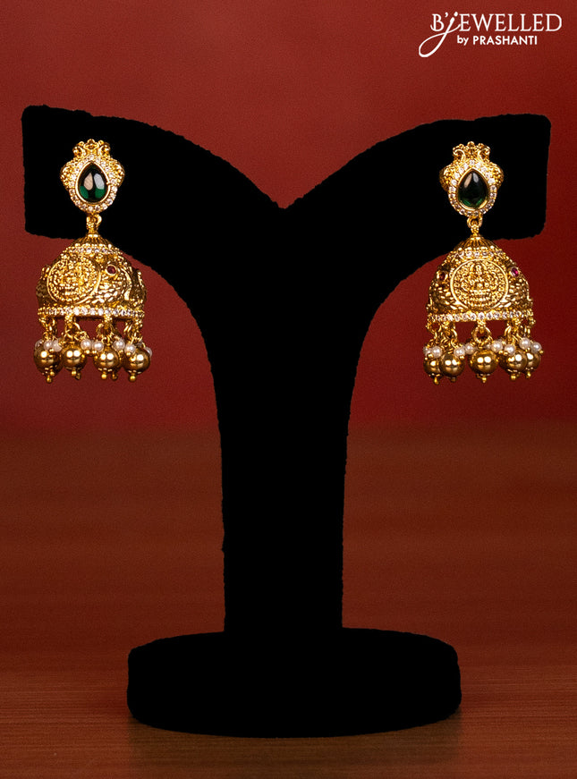 Antique bridal set lakshmi design with jadau cz stones and pearl & golden beads hanging