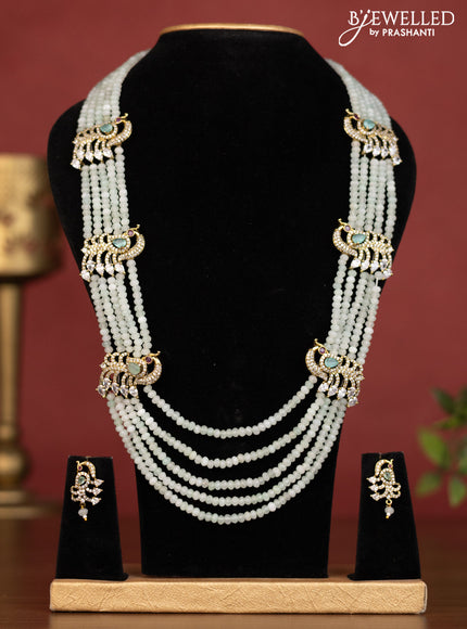 Beaded mint green necklace peacock side pendant with ruby & cz stones in victorian finish