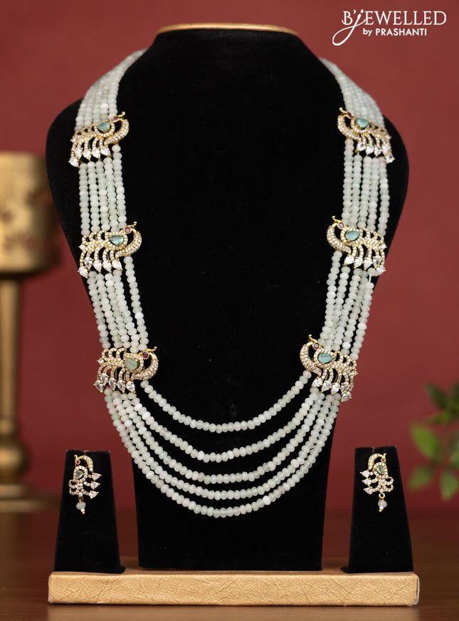 Beaded mint green necklace peacock side pendant with ruby & cz stones in victorian finish