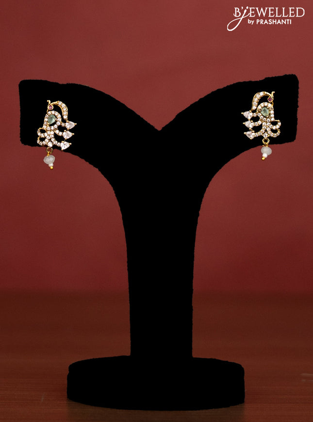 Beaded mint green necklace peacock side pendant with ruby & cz stones in victorian finish