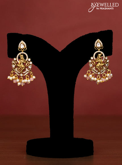 Beaded multilayer baby pink necklace krishna pendant with cz stones and pearl & beads hanging in victorian finish