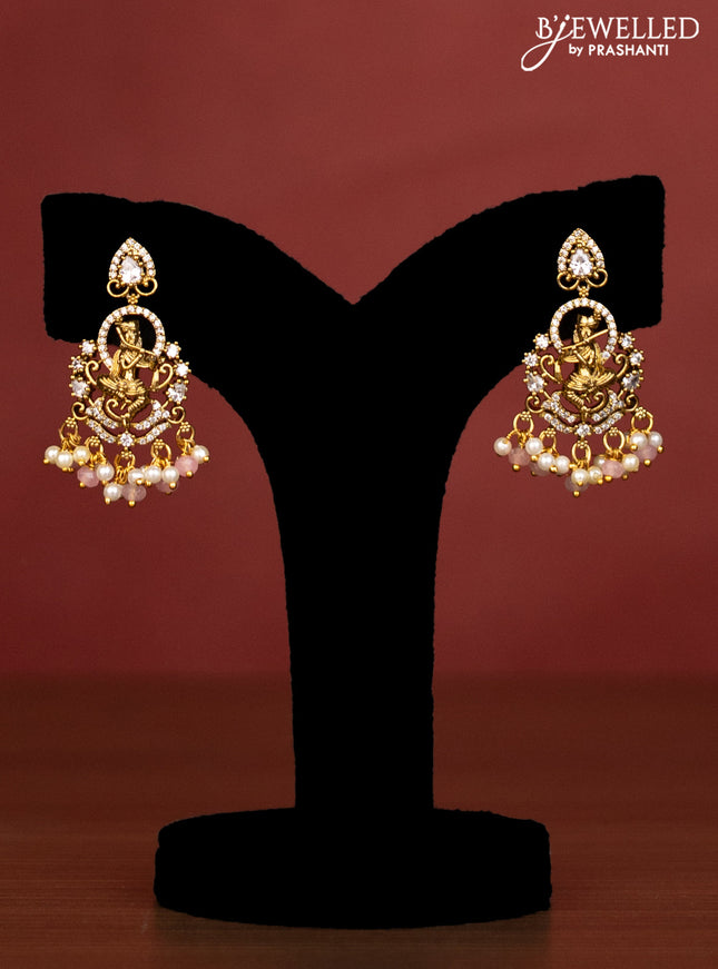 Beaded multilayer baby pink necklace krishna pendant with cz stones and pearl & beads hanging in victorian finish