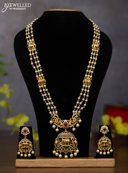 Pearl haaram elephant design with kemp & cz stones and pearl hangings