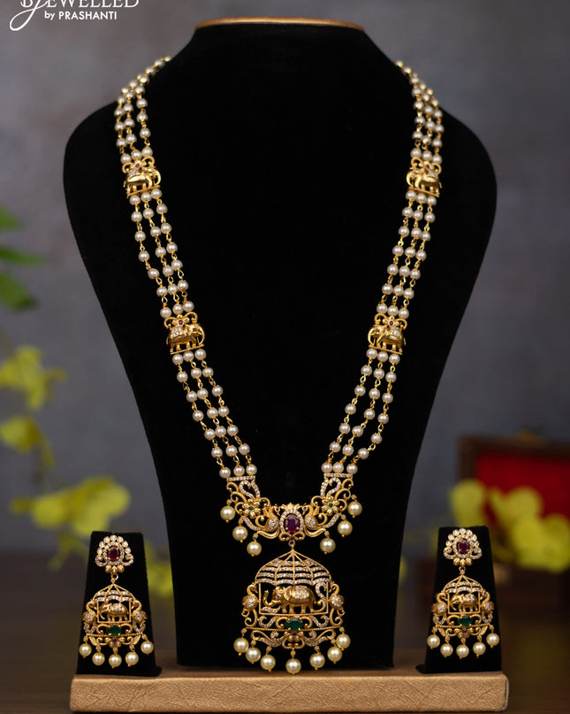 Pearl haaram elephant design with kemp & cz stones and pearl hangings
