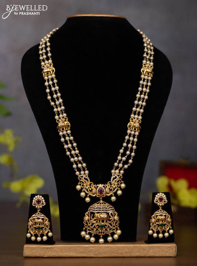 Pearl haaram elephant design with kemp & cz stones and pearl hangings