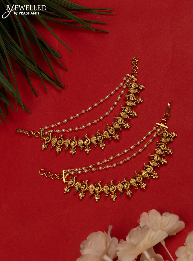 Antique triple layer mattal with sangu design kemp ,cz stones and pearls