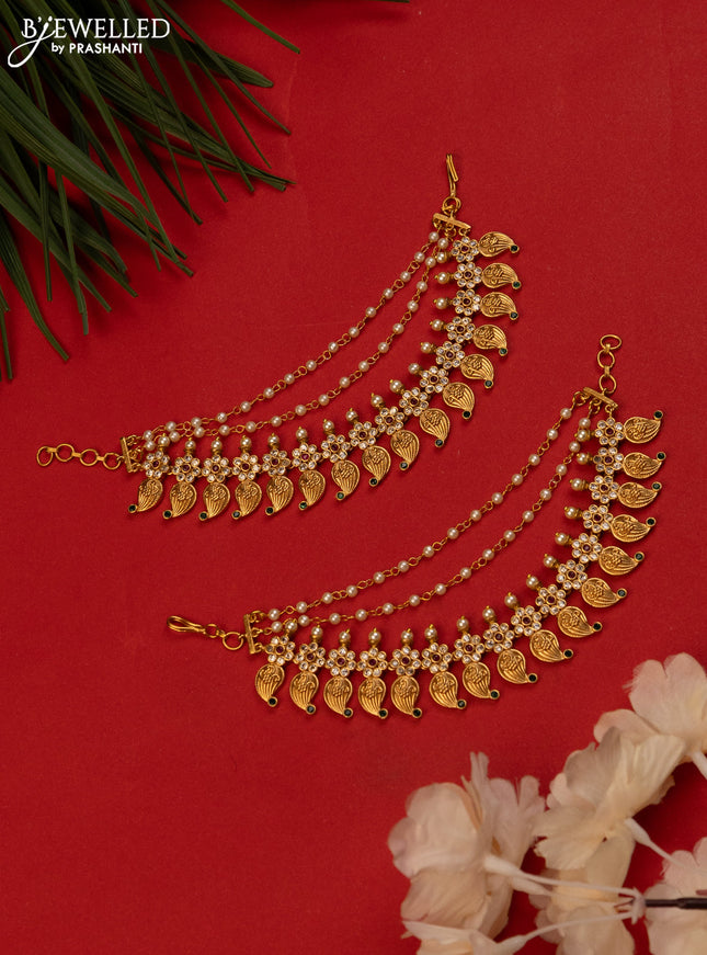 Antique triple layer mattal with maanga pattern kemp cz stones and pearls