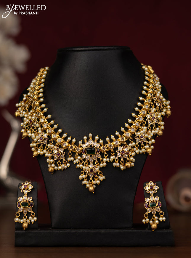 Antique guttapusalu necklace with kemp & cz stones & gold and pearl hangings