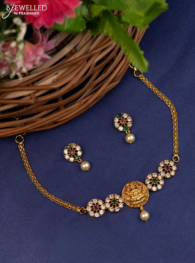 Antique choker lakshmi design with kemp & cz stone and pearl hanging