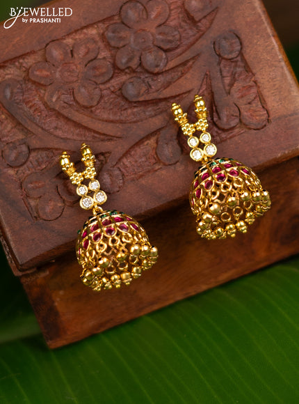 Antique jhumka with kemp & cz stones and golden beads hanging