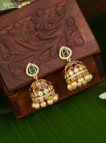 Antique jhumka with kemp & cz stones and pearl hangings