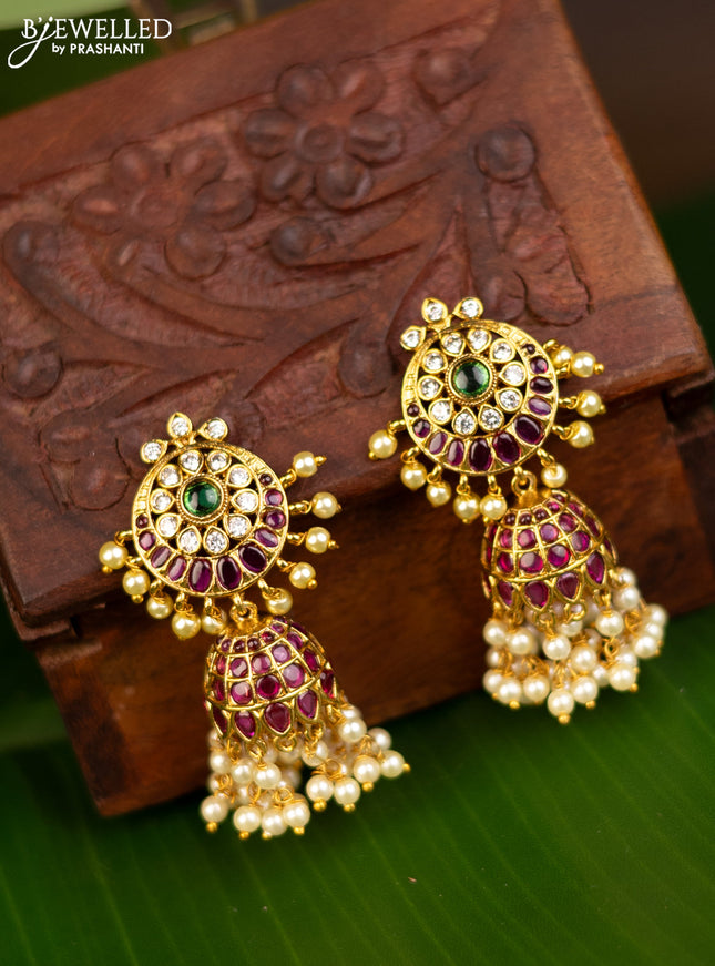 Antique jhumka with kemp & cz stones and pearl hangings