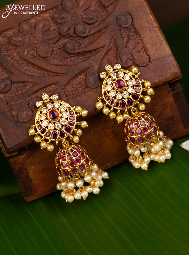 Antique jhumka with pink kemp & cz stones and pearl hangings