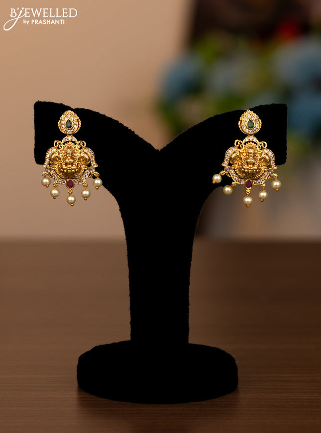 Antique haaram lakshmi pendant with kemp & cz stones and pearl hangings