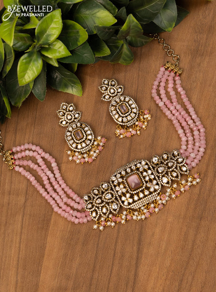 Beaded baby pink choker with kundan & cz stones and pearl hangings in victorian finish