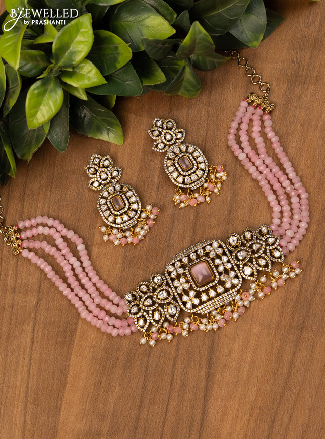 Beaded baby pink choker with kundan & cz stones and pearl hangings in victorian finish
