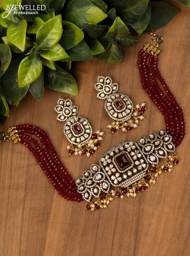 Beaded maroon choker with kundan & cz stones and pearl hangings in victorian finish