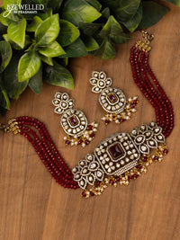 Beaded maroon choker with kundan & cz stones and pearl hangings in victorian finish
