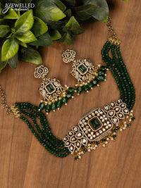 Beaded green choker with kundan & cz stones and pearl hangings in victorian finish