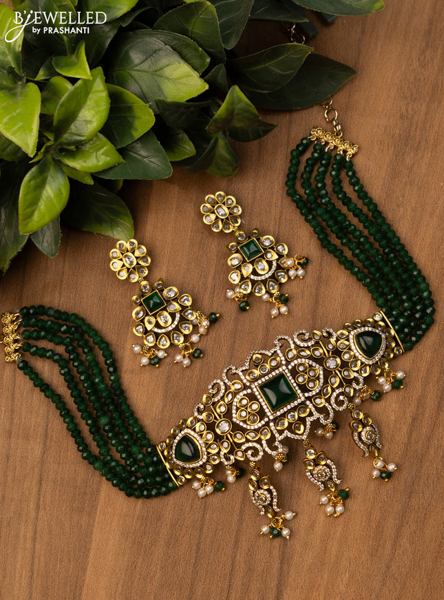 Beaded green choker with emerald & cz stones and pearl hangings in victorian finish
